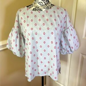 Lift, women’s puff sleeve top, blue & white, size Med.